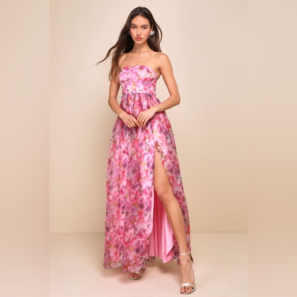 Lulu's Wonderful Waltz Pink Floral Print Strapless Bustier Maxi Dress - XL